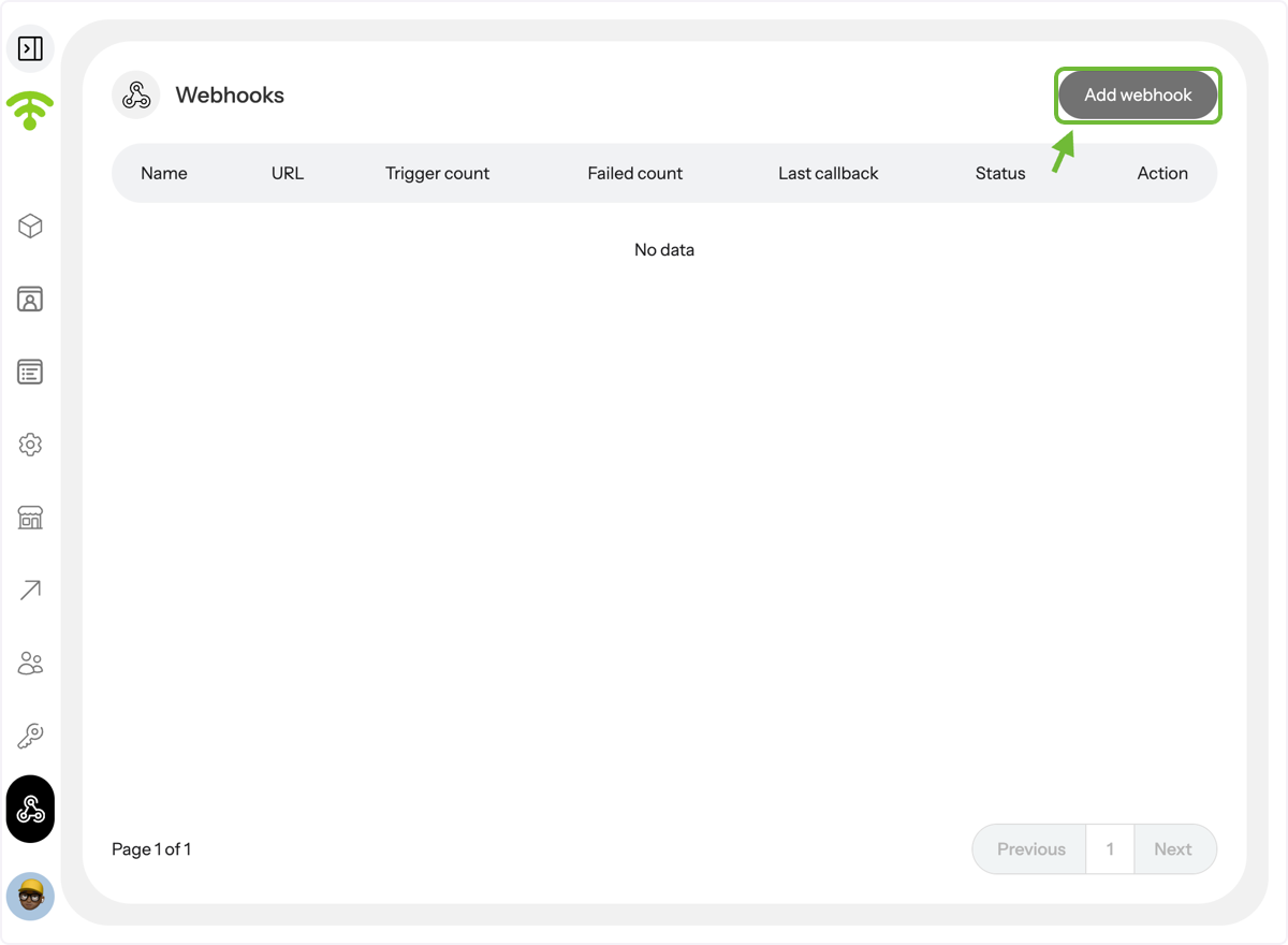 A preview of your added webhooks will appear \(if any\). Click on 'Add webhook' in the top right corner to add a new…