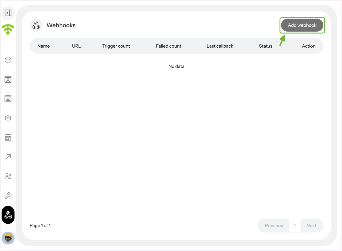 A preview of your added webhooks will appear (if any). Click on 'Add webhook' in the top right corner to add a new one.