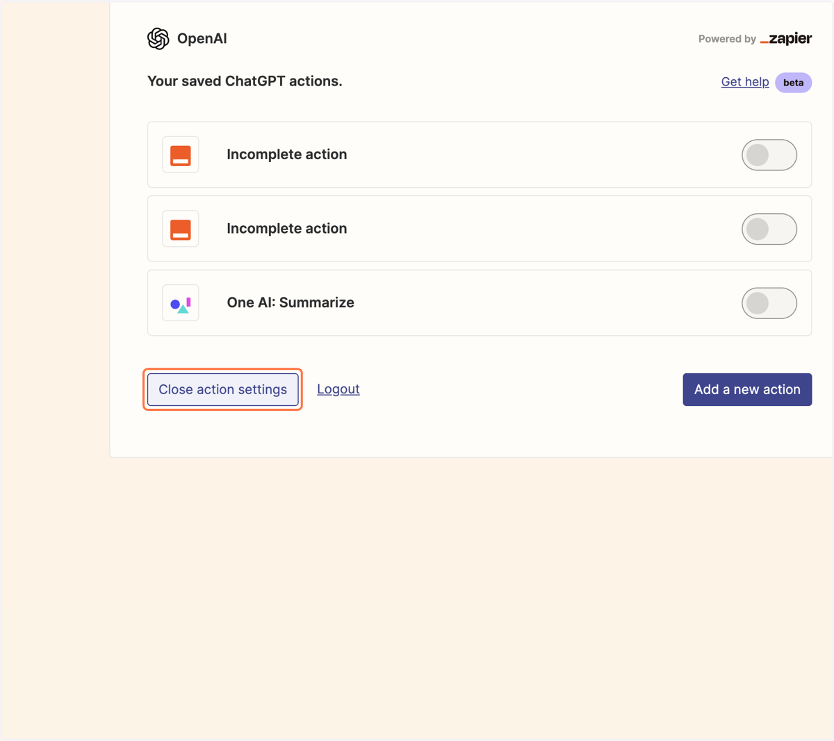 Click on Close action settings