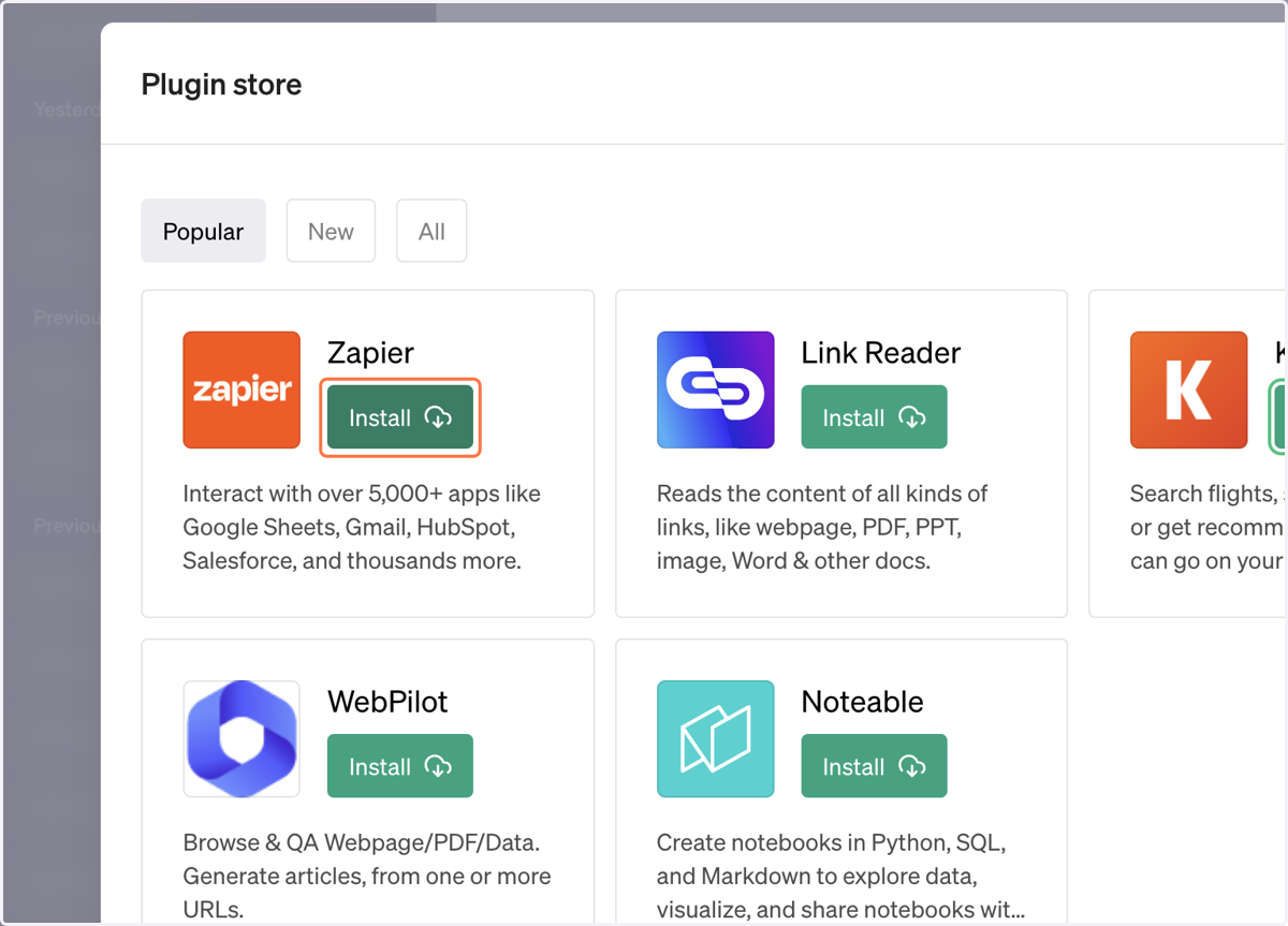 Search for "Zapier" and "Show me" to install
