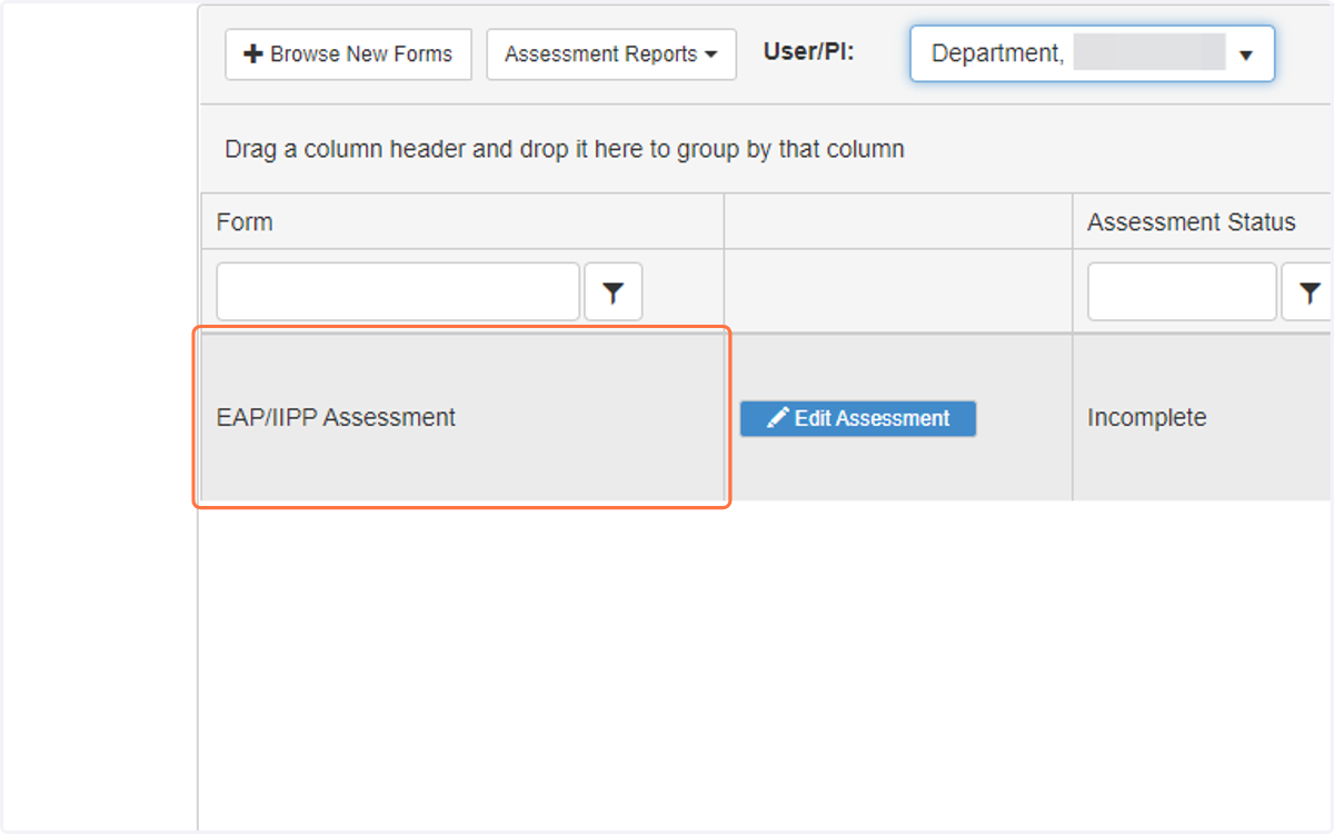 Click on the row with your EAP/IIPP Assessment. The row should become highlighted in red.