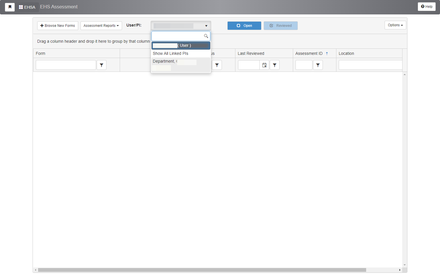 From the drop-down menu near "User/PI," select your department.