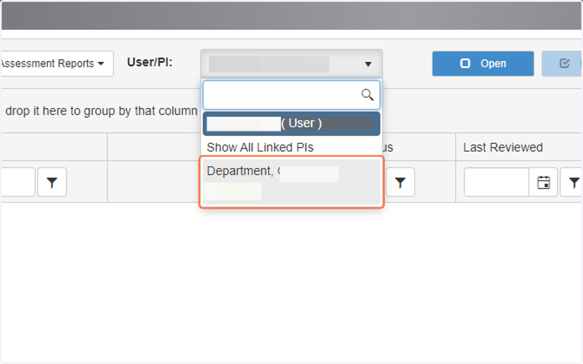 From the drop-down menu near "User/PI," select your department.
