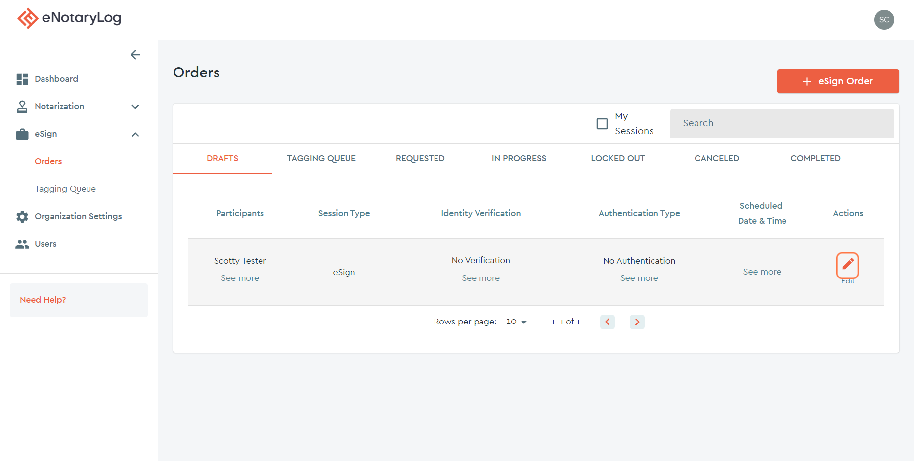 Under the DRAFTS tab, locate the eSign order draft and select the edit action for that order.