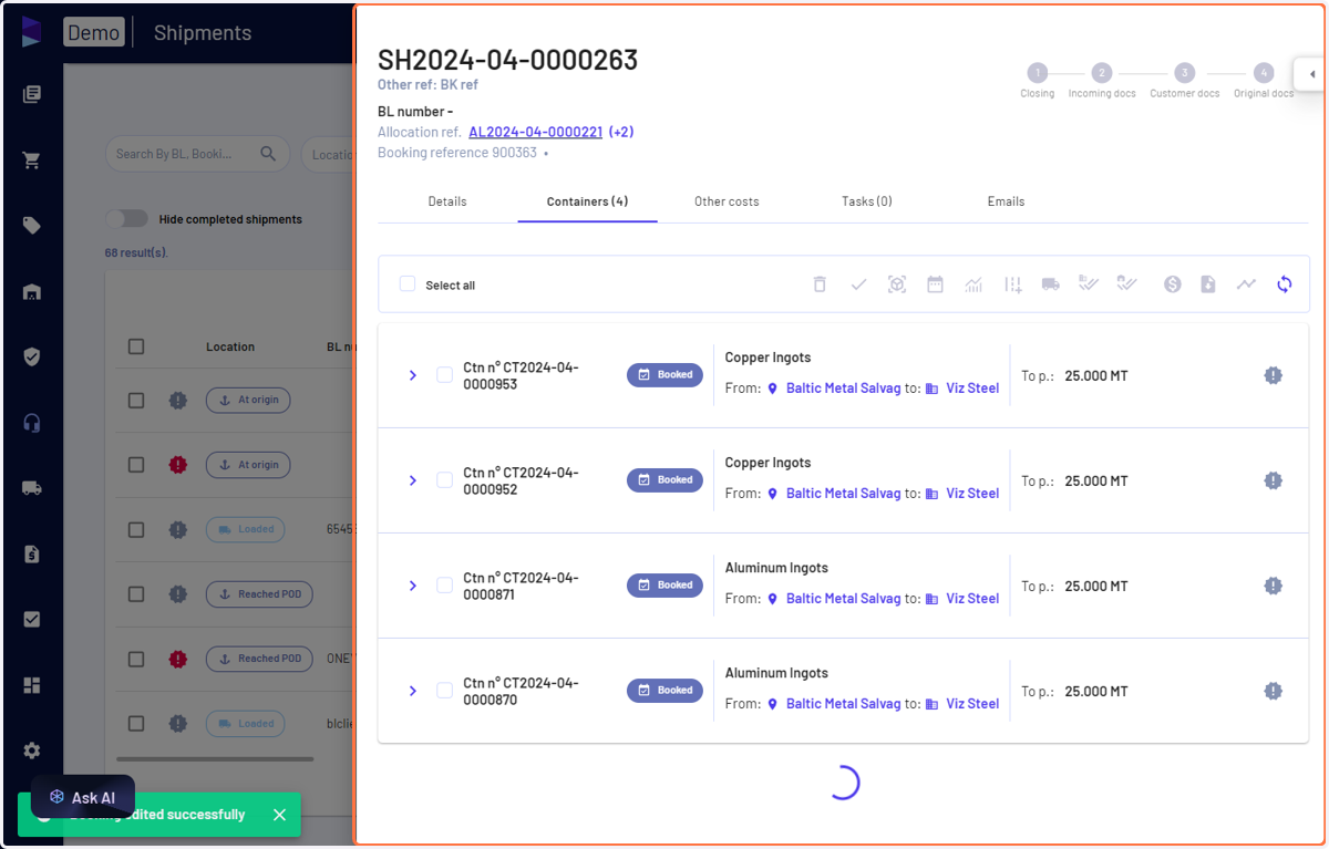 Booking detials recorded and container status updated as 'Booked'