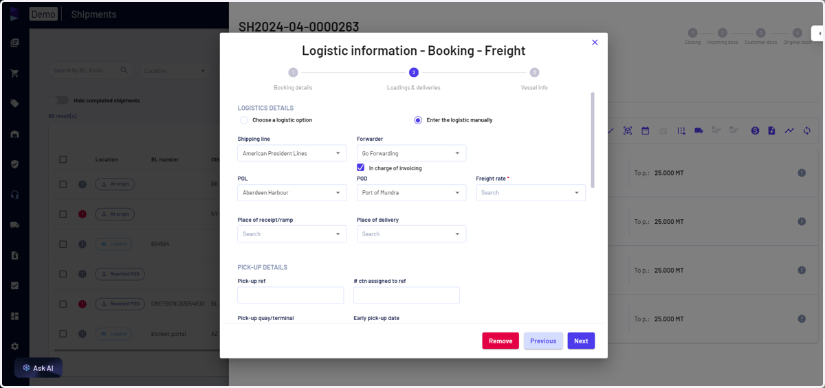 Select shipping line, forwarder and fill in the relevant details and click on save