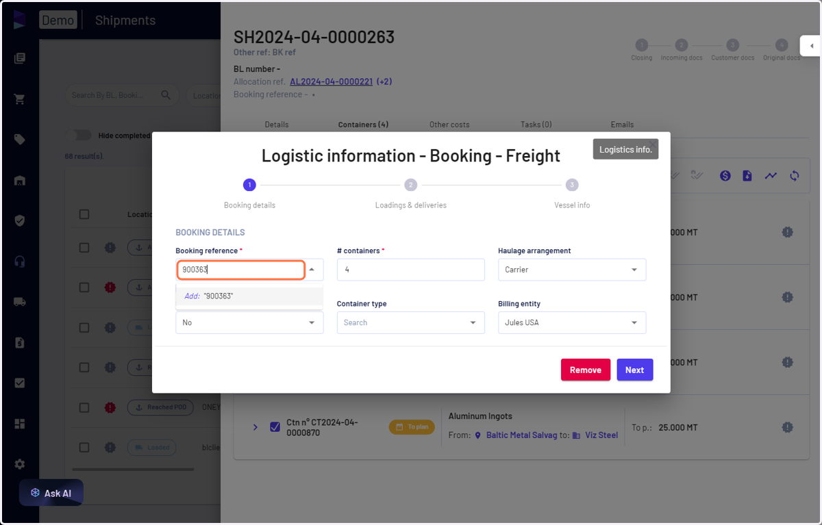 Enter the booking number and click on 'Add'