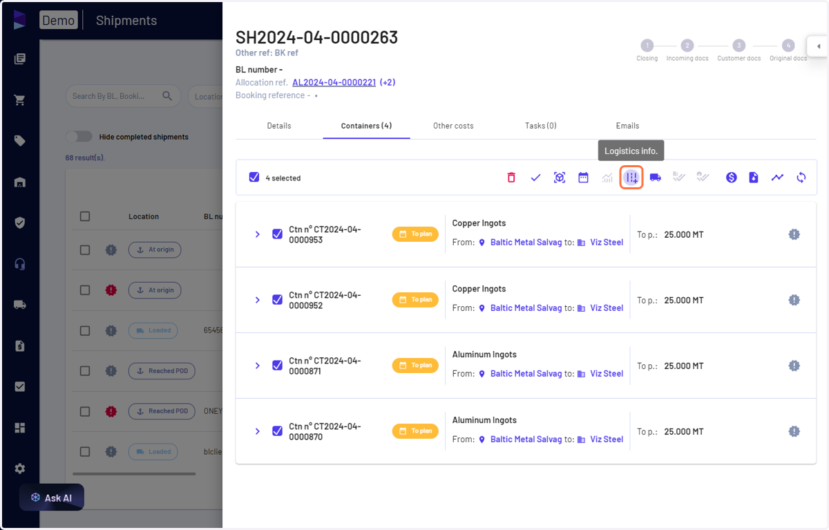 Select the containers and click on 'Logistics info'