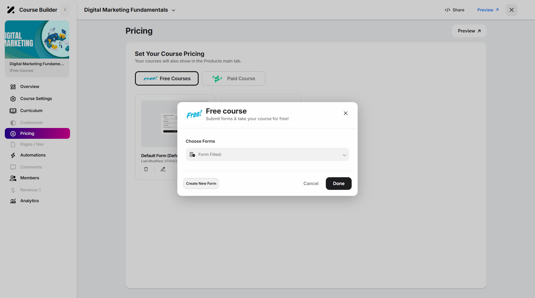 Step 12: A Create New Form button is also available in the pop-up window, allowing you to add a new form.