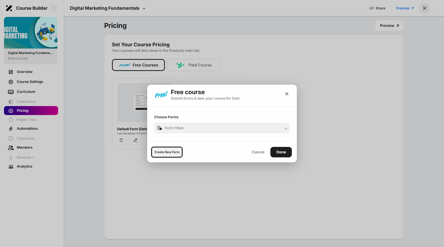 Step 12: A Create New Form button is also available in the pop-up window, allowing you to add a new form.