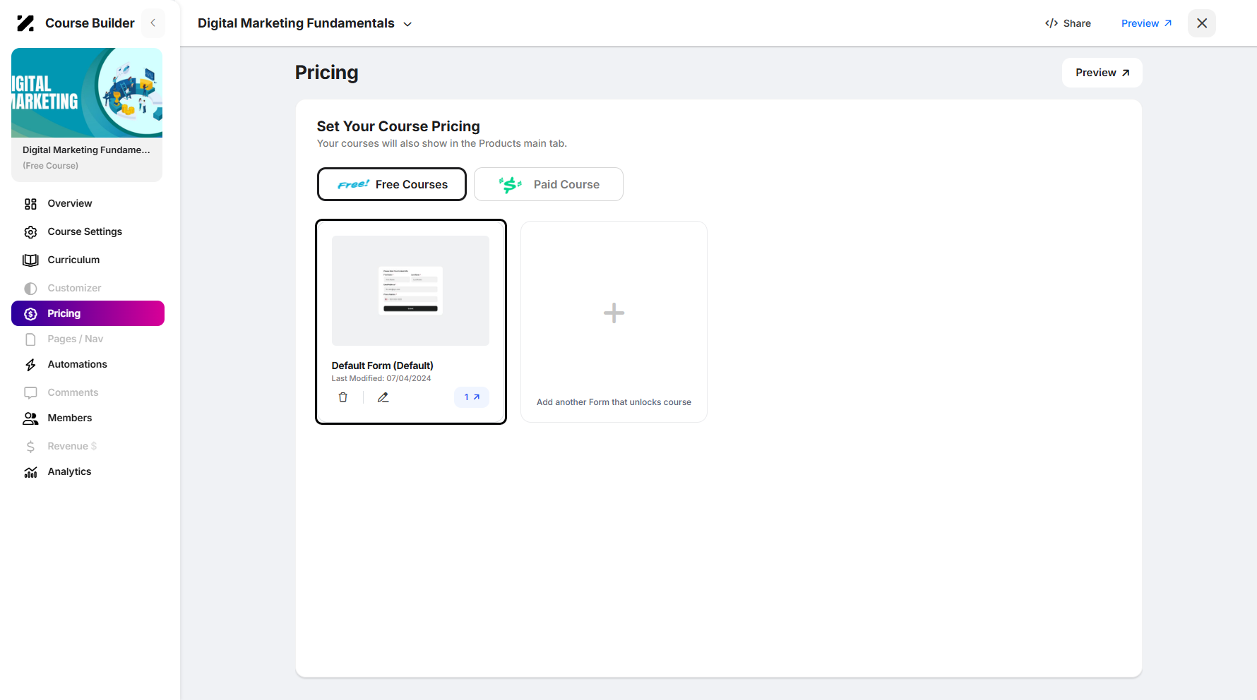 Step 9: You can also manage the course form by deleting, editing, and viewing the course form results.