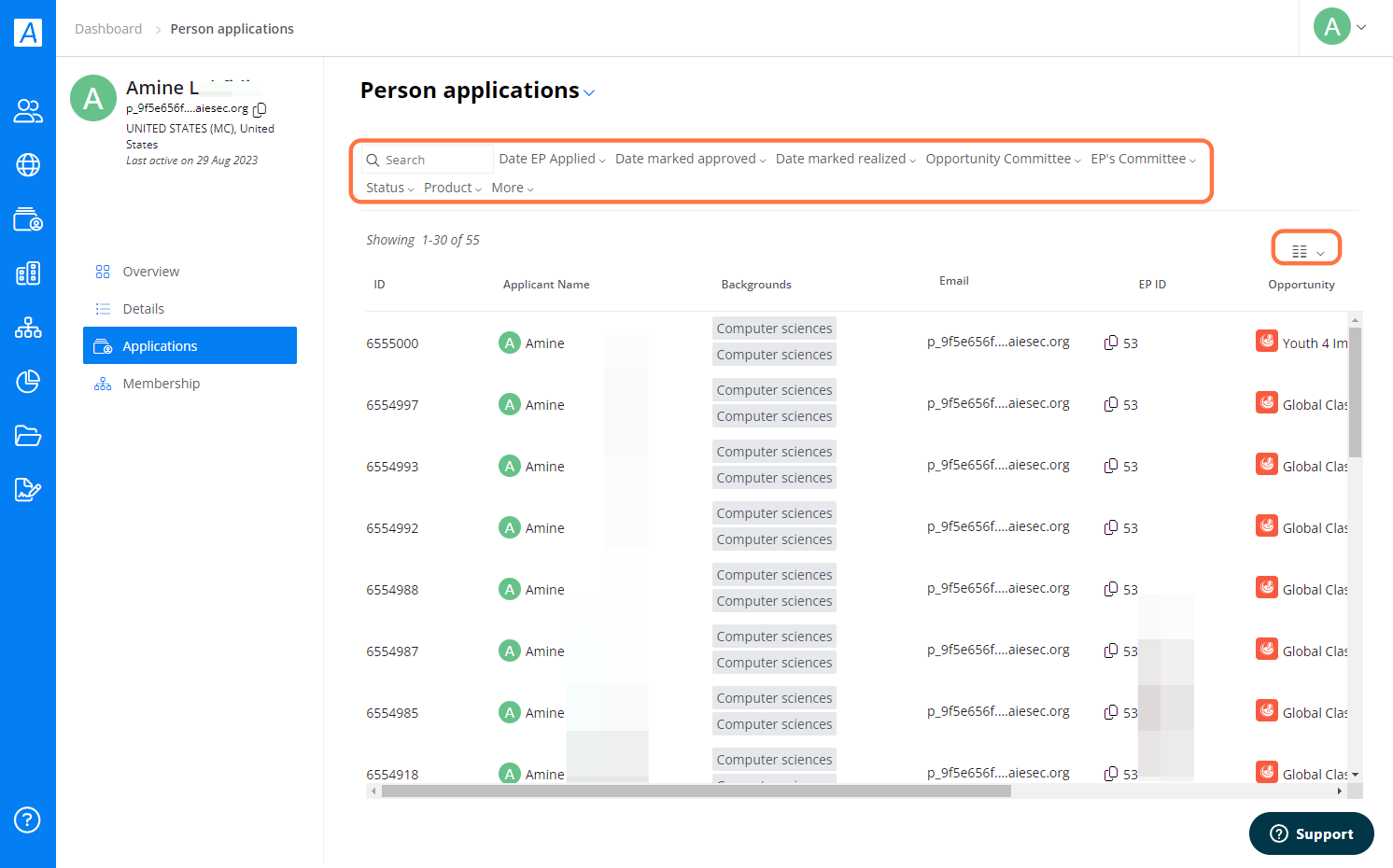 Here's an example of an EP's Applications tab.
