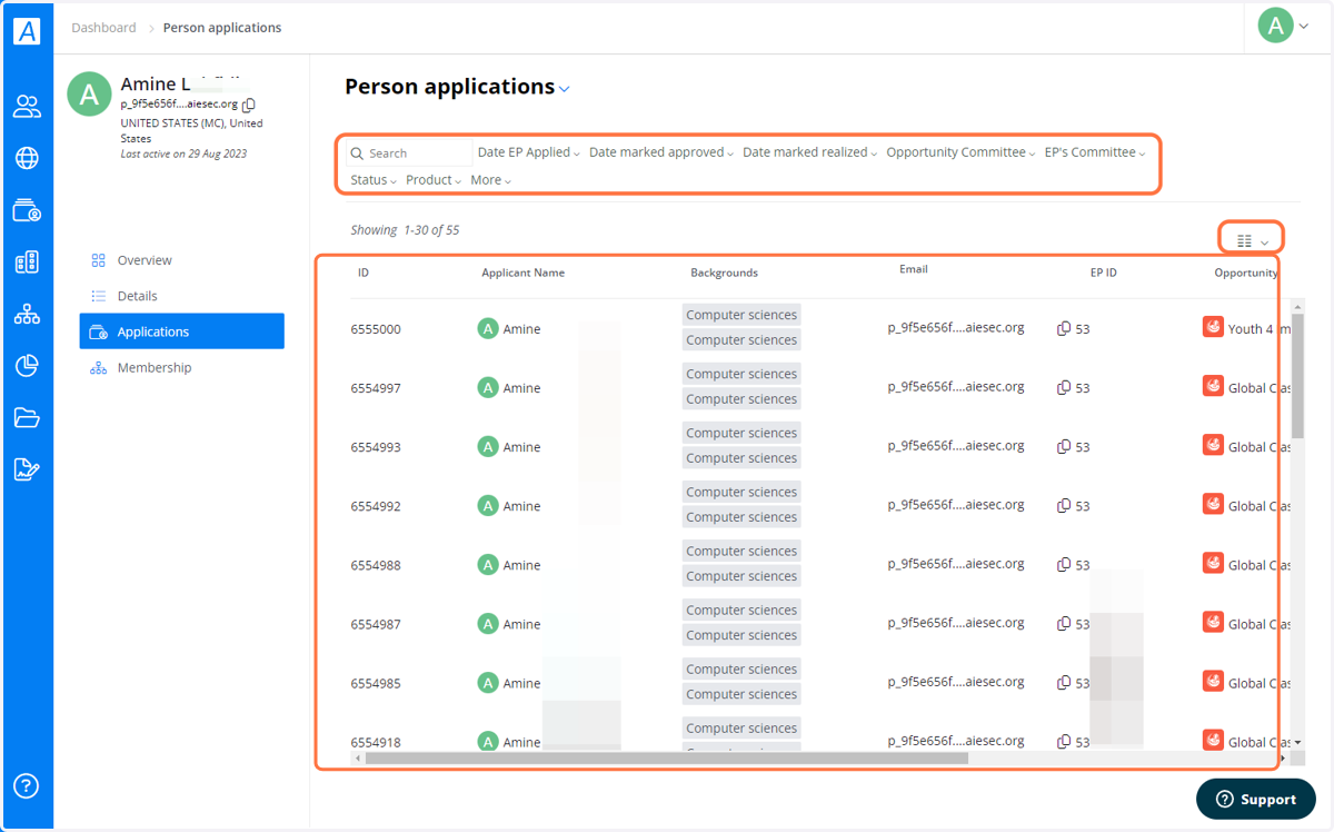 Here's an example of an EP's Applications tab.