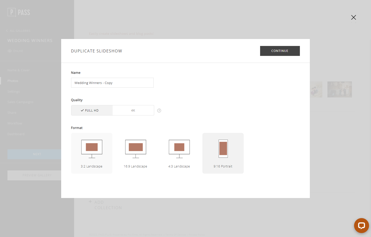 You can change the slideshow orientation by clicking on any of the Formats.
