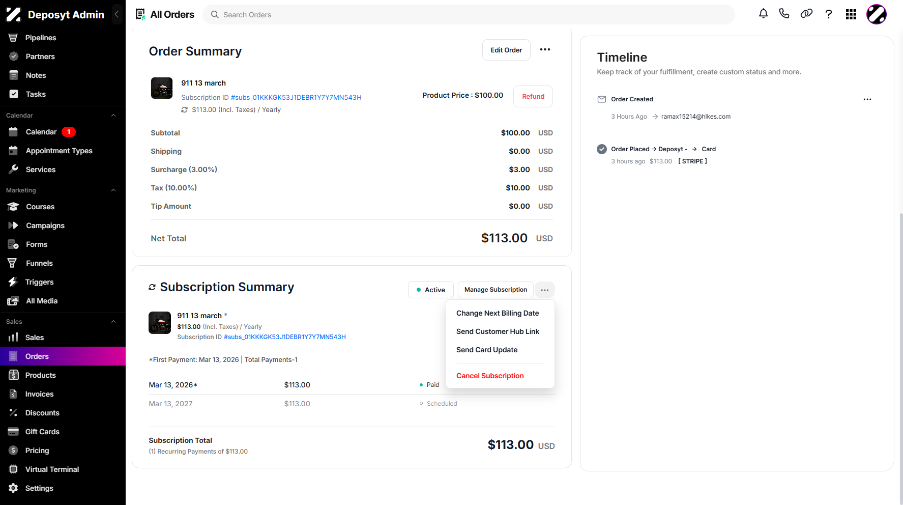 Step 6: A pop-up window will appear, allowing you to Change the Next Billing Date, Send the Customer Hub Link, Send Card Update, or Cancel the Subscription.