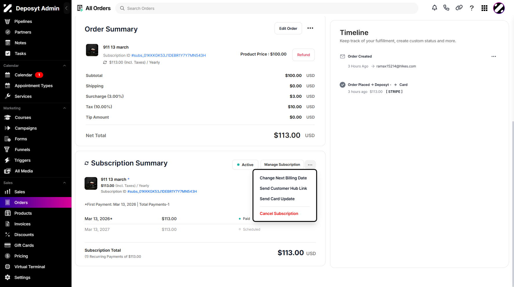 Step 6: A pop-up window will appear, allowing you to Change the Next Billing Date, Send the Customer Hub Link, Send Card Update, or Cancel the Subscription.