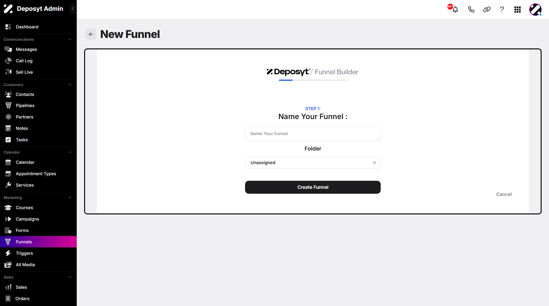 Step 4: You will then be prompted to a new page where you need to enter your funnel name and select a folder for organization.