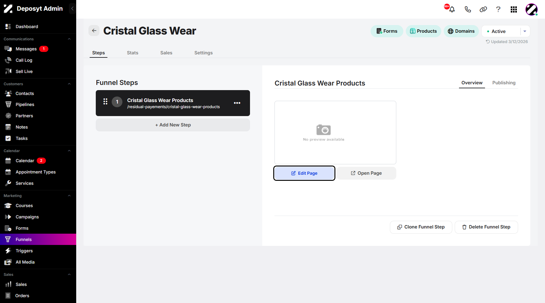 Step 12: To do this, click the Edit Page button from the selected funnel step’s overview or from its three-dot menu.