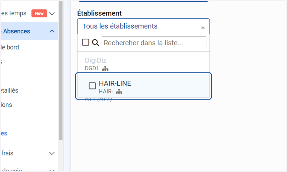 Choisir l'établissement concerné.