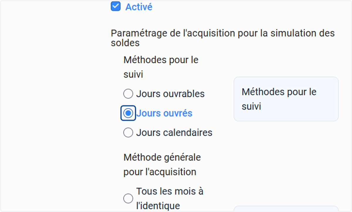 Choisir le paramétrage de l'acquisition pour la simulation des soldes.