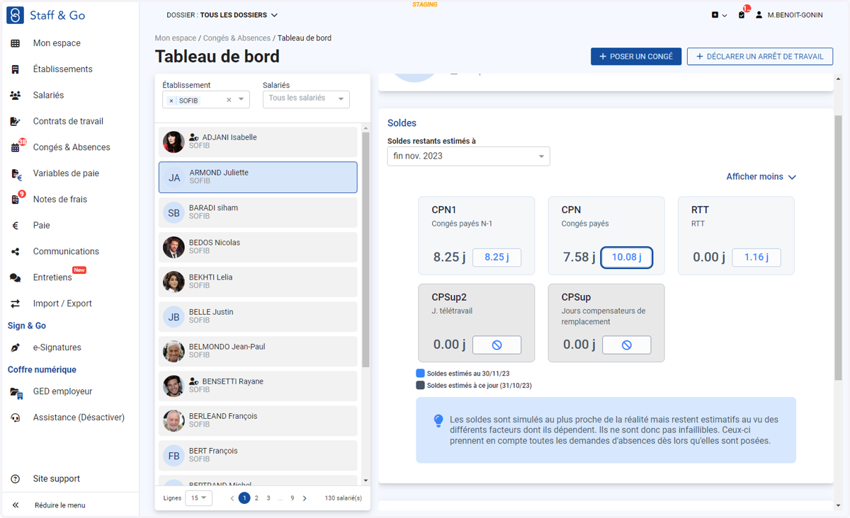 Résultat soldes synchronisés : lorsqu'on simule les soldes d'un salarié, les congés paramétrés précédemment sont projetés.