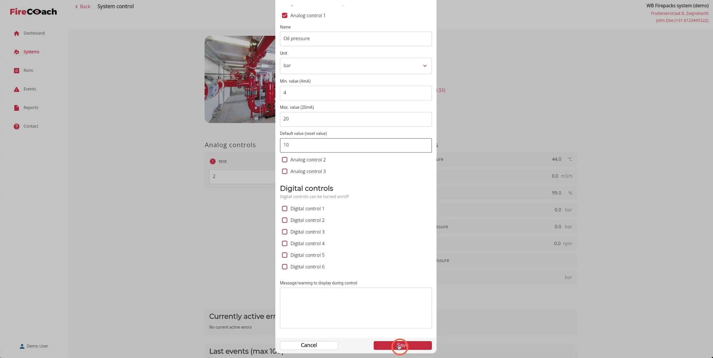 Click 'Save' to add the analog control unit to the Firepack
