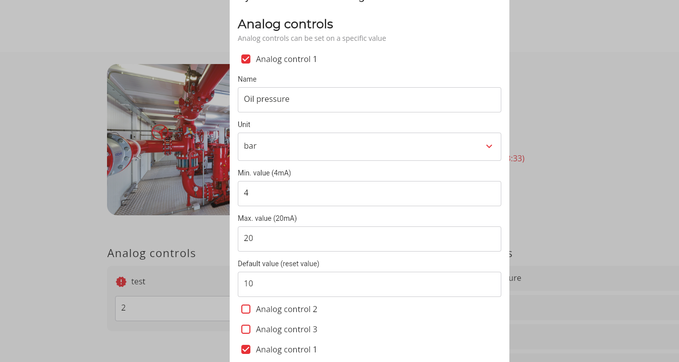 Enter the name of the analog control unit, the unit type and the values