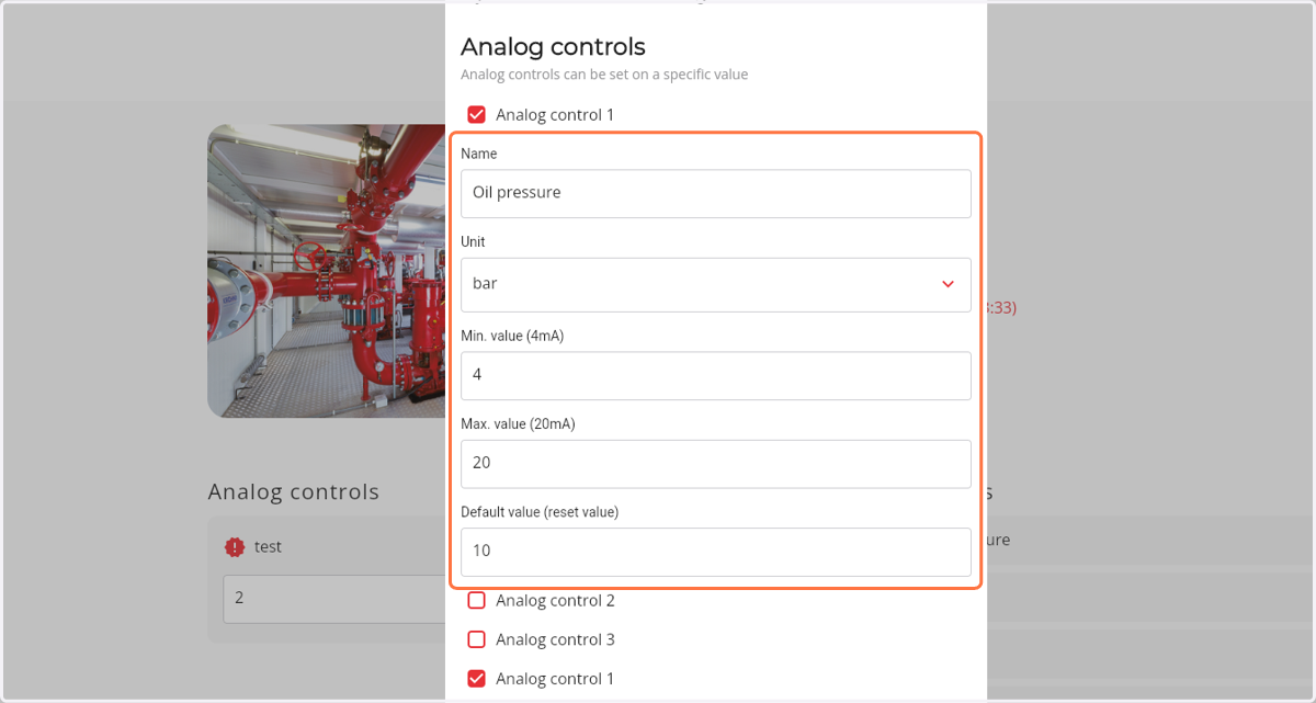 Enter the name of the analog control unit, the unit type and the values