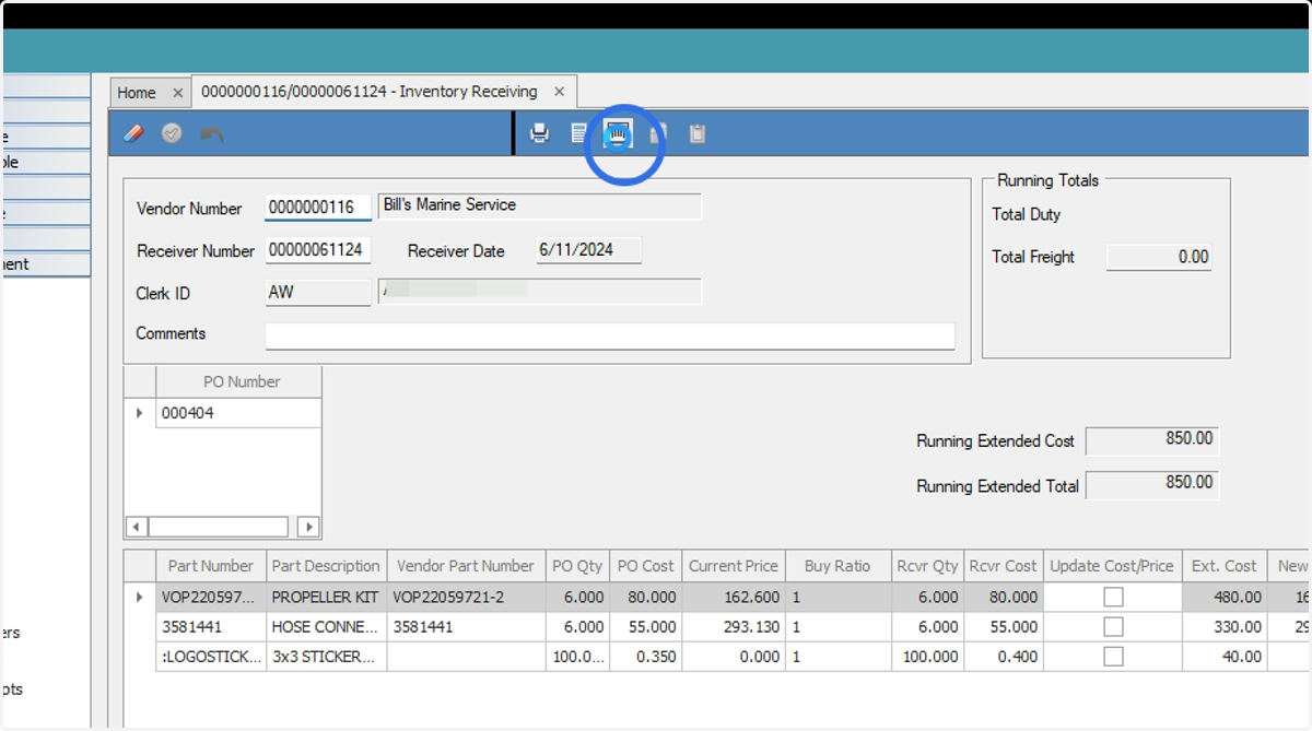 Click the barcode icon to print barcodes for the received items