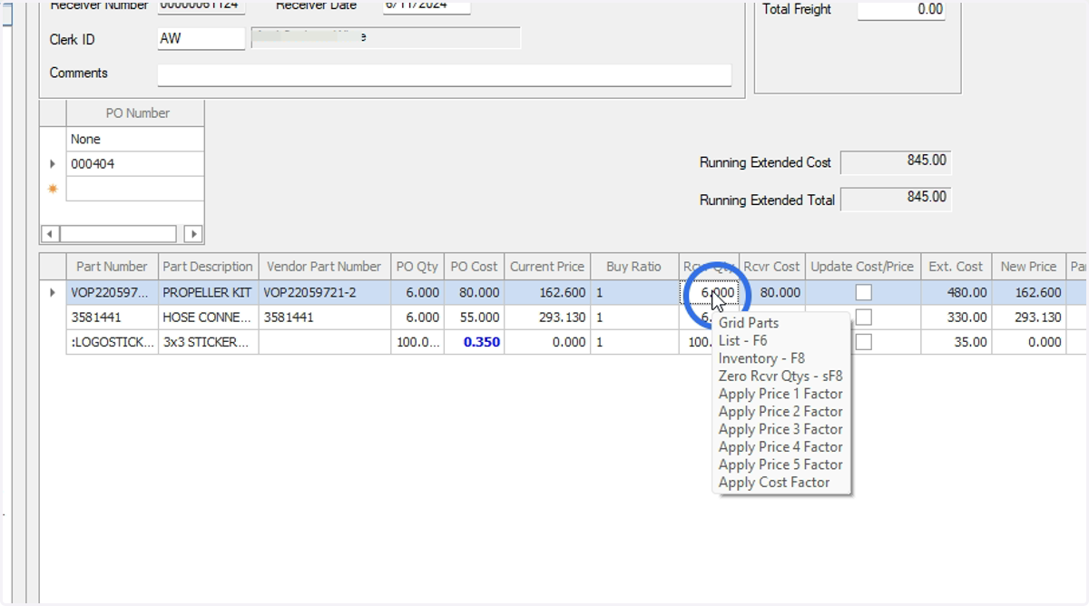 Enter the Receiver Quantity fields