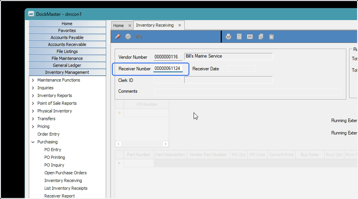 Enter the Receiver Number and press Enter to expand the available fields