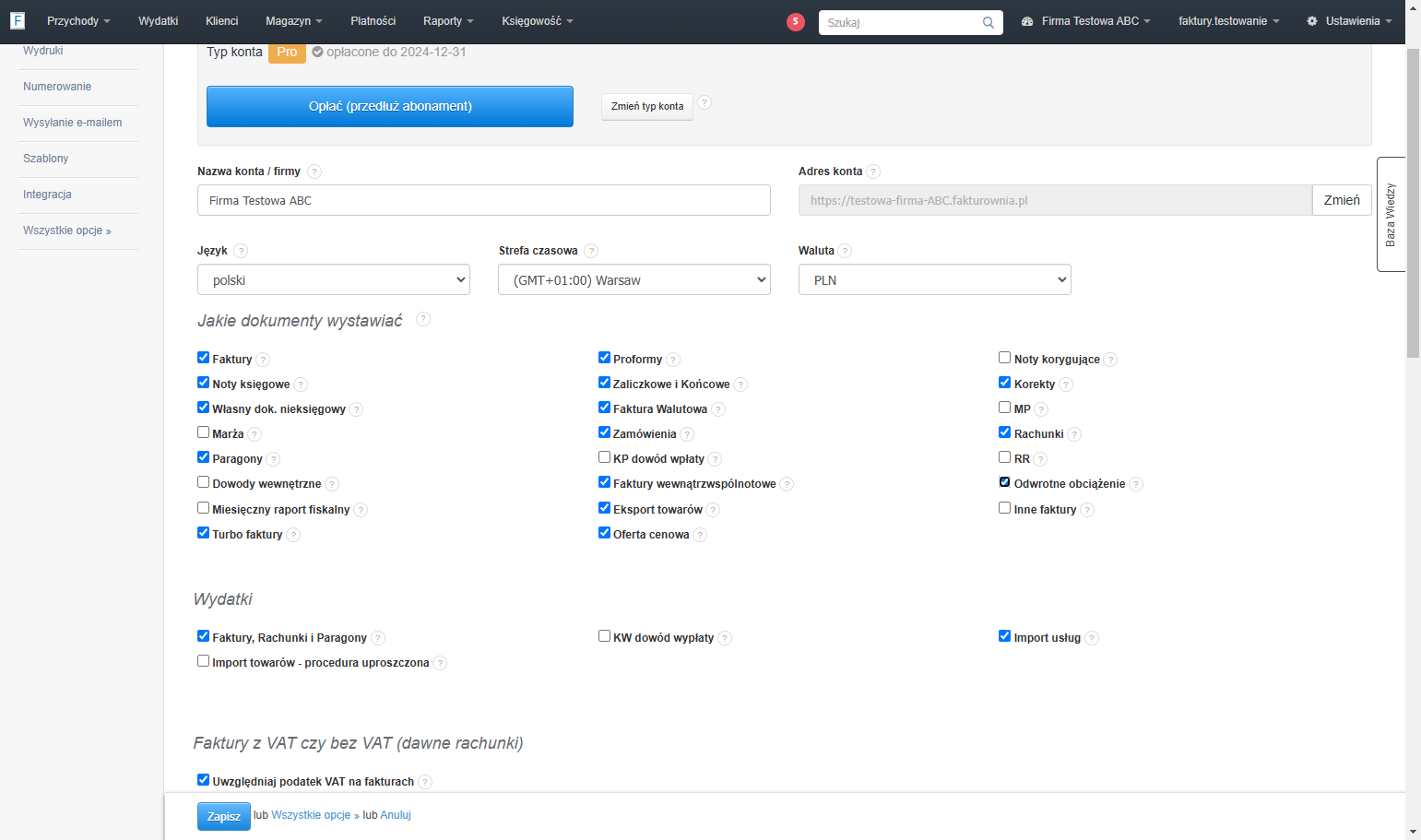 W sekcji 'Jakie dokumenty wystawiać' zaznacz checkbox obok opcji 'Odwrotne obciążenie'.