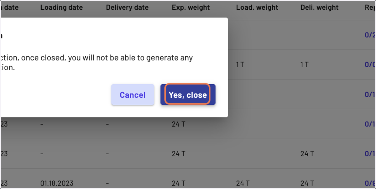 To confirm your action click on "Yes, close"