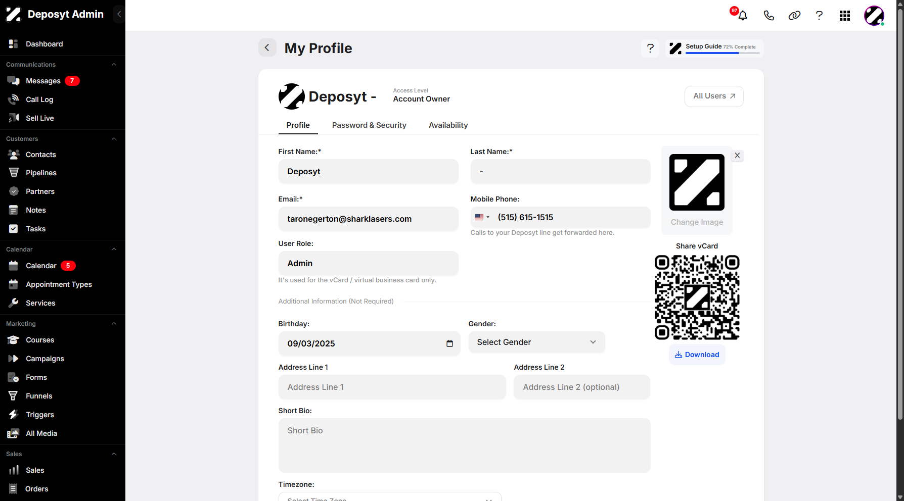 Step 7: You can enter your first and last name in this section. To add your business or personal email address, you need to go to the Password & Security settings. You can also input your phone number and set your role.