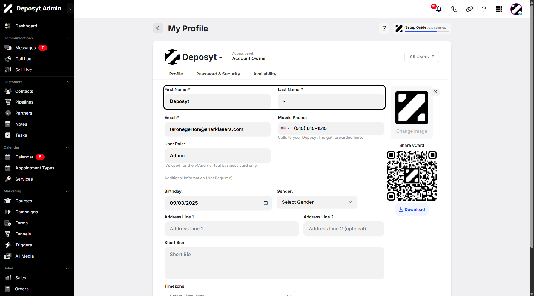 Step 7: You can enter your first and last name in this section. To add your business or personal email address, you need to go to the Password & Security settings. You can also input your phone number and set your role.