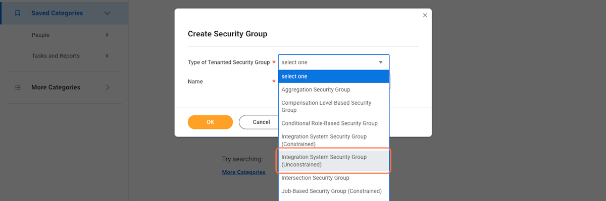 Select "Integration System Security Group (Unconstrained)" in the type of tenanted security group box