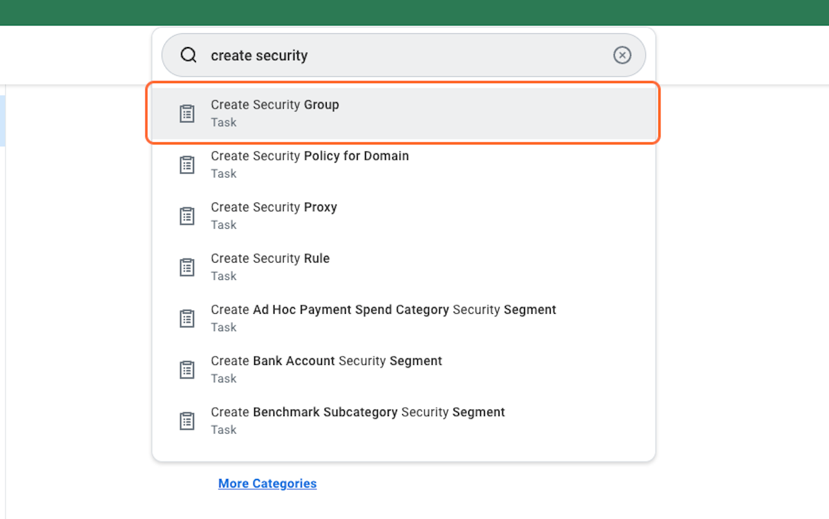 Now you'll need to create a security group and tie it to your newly created ISU. In the search box type "create security group" and click on the task