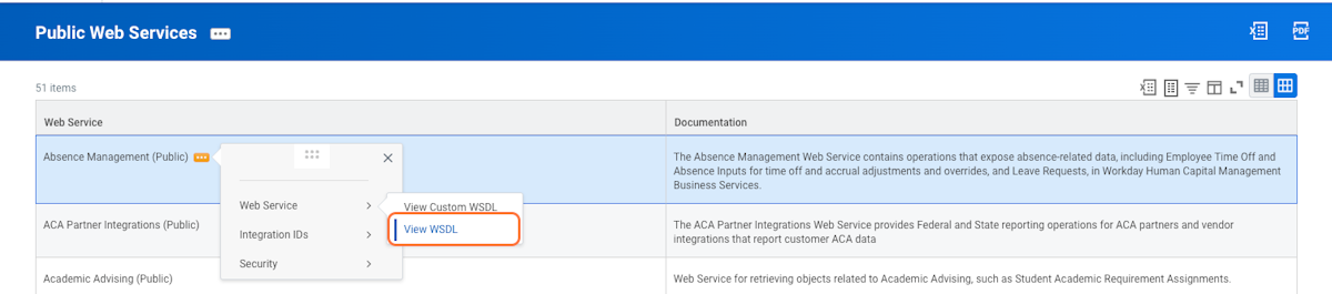 Hover over "Web Service" and click "View WSDL" 