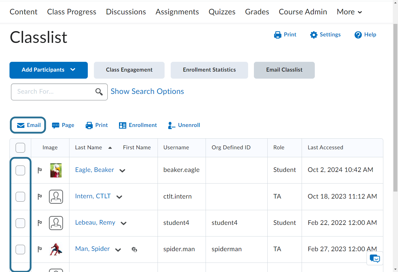 Click on Email Classlist Or Select individual student(s) and press the email button