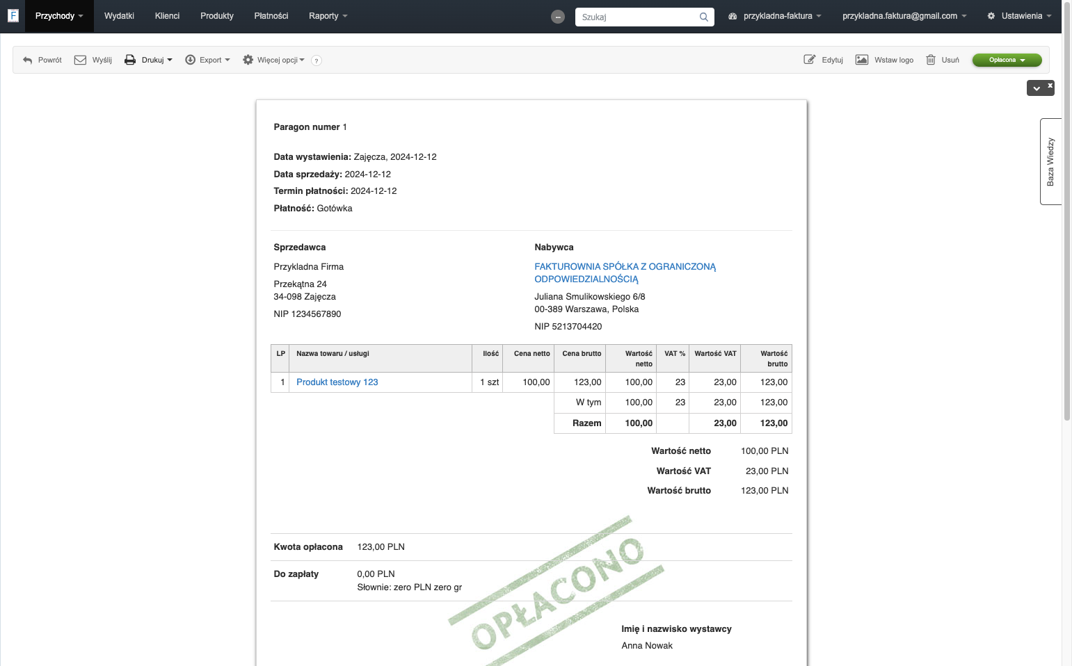 Jeśli posiadasz skonfigurowany moduł Paragony.pl Fakturownia i podłączoną drukarkę fiskalną to, wybierz opcję > Drukuj