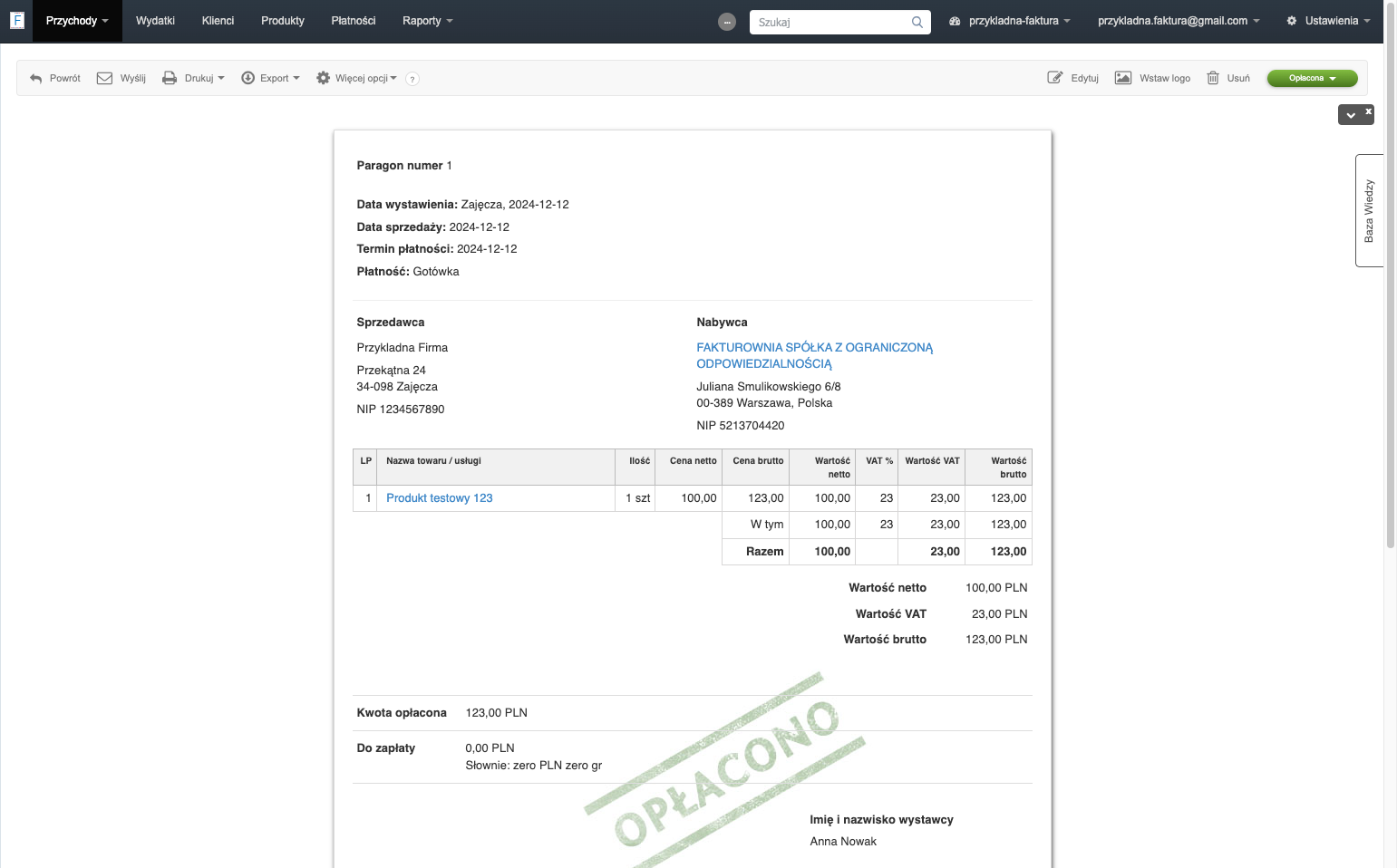Stworzony paragon systemowy wygląda następująco