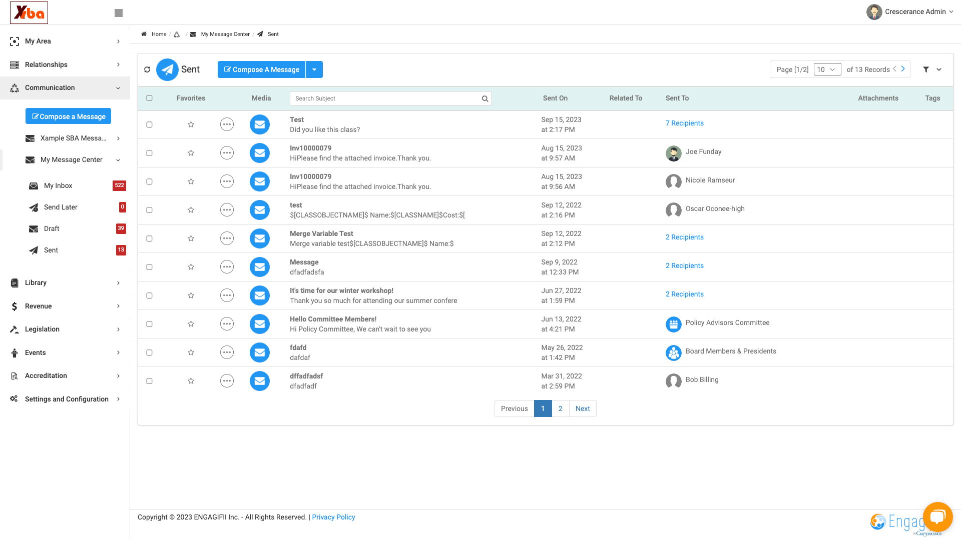 You can now see all of the sent emails and who they were sent to, an individual, multiple people or groups.