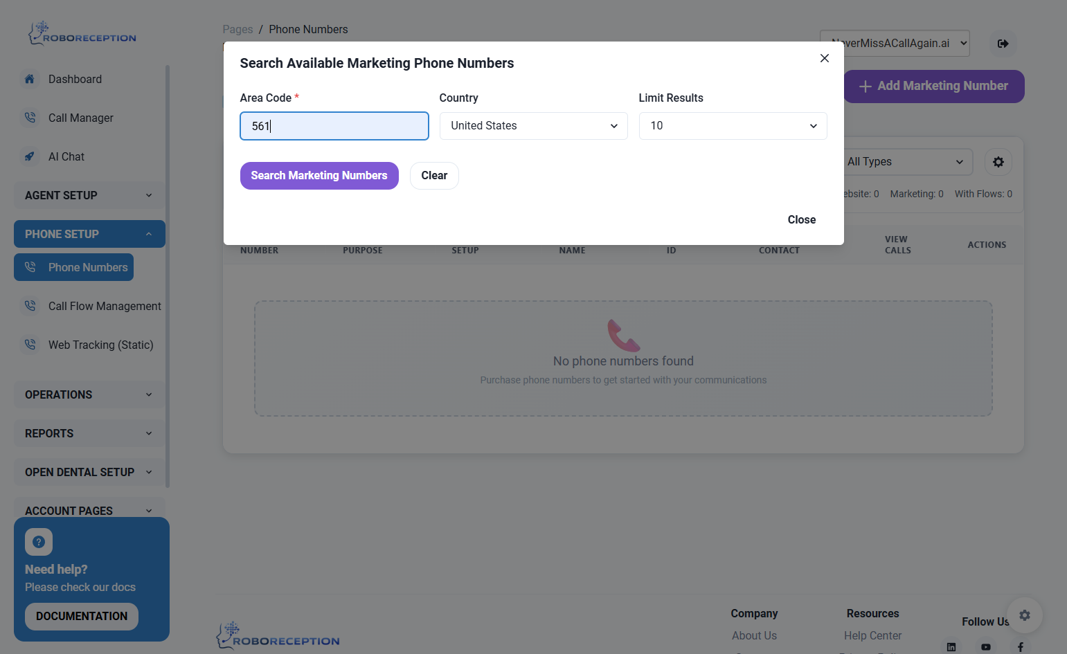 Setup Website Phone Number - RoboReception AI