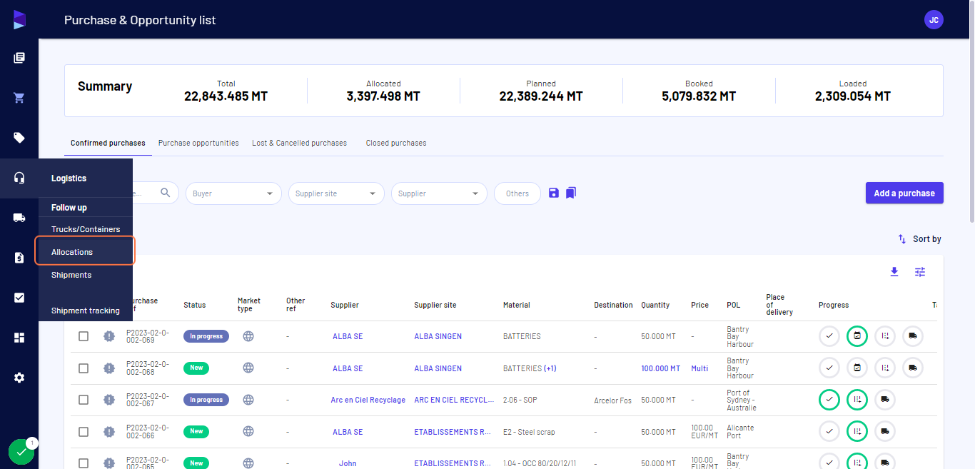Go to the "Logistics" menu and click on "Allocations"