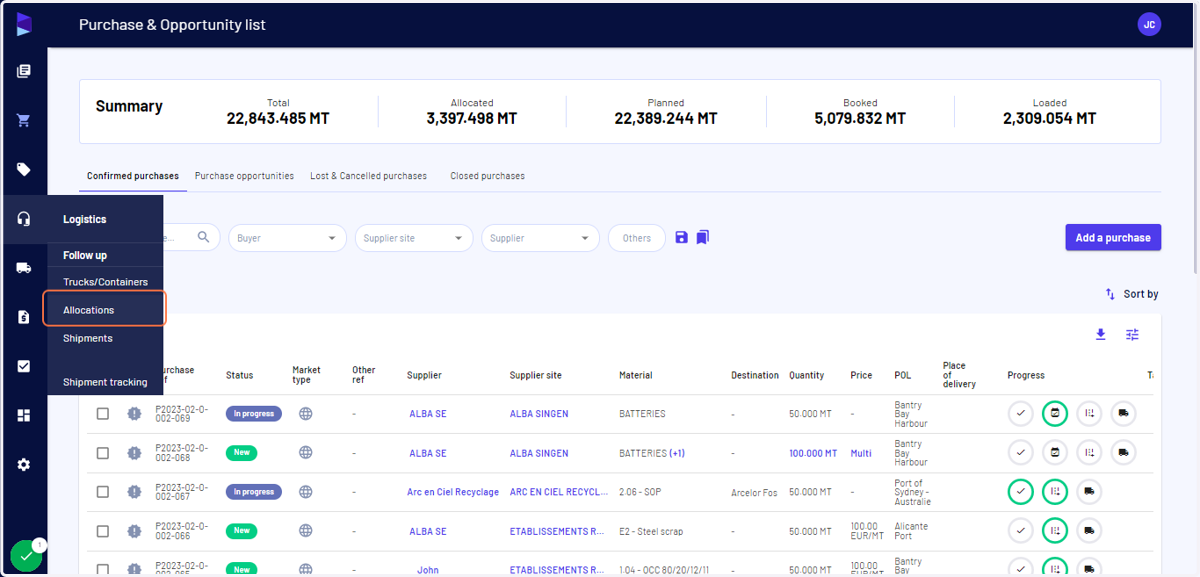 Go to the "Logistics" menu and click on "Allocations"