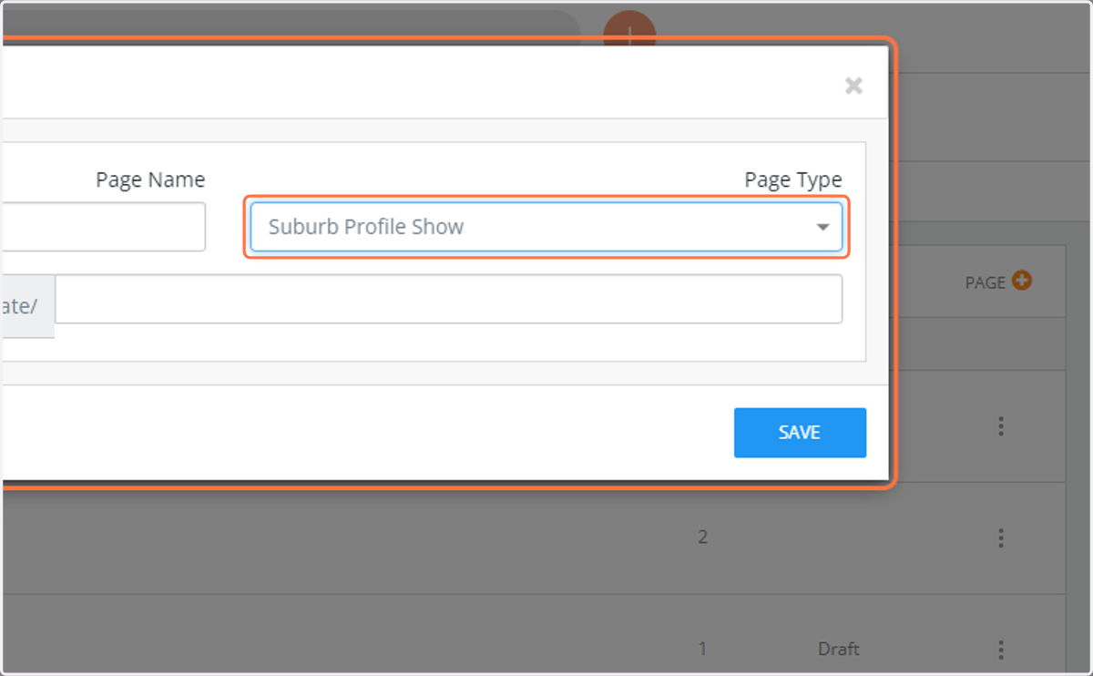 Click on Suburb Profile Show from Page Type, please note that you can only have one of these page types in your website. If you already have a suburb profile show page this option will not appear in the dropdown.
