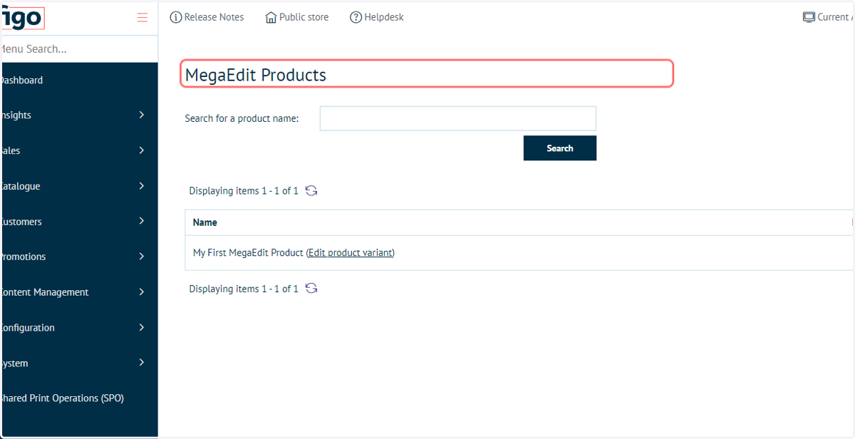 Navigate to your MegaEdit Products screen