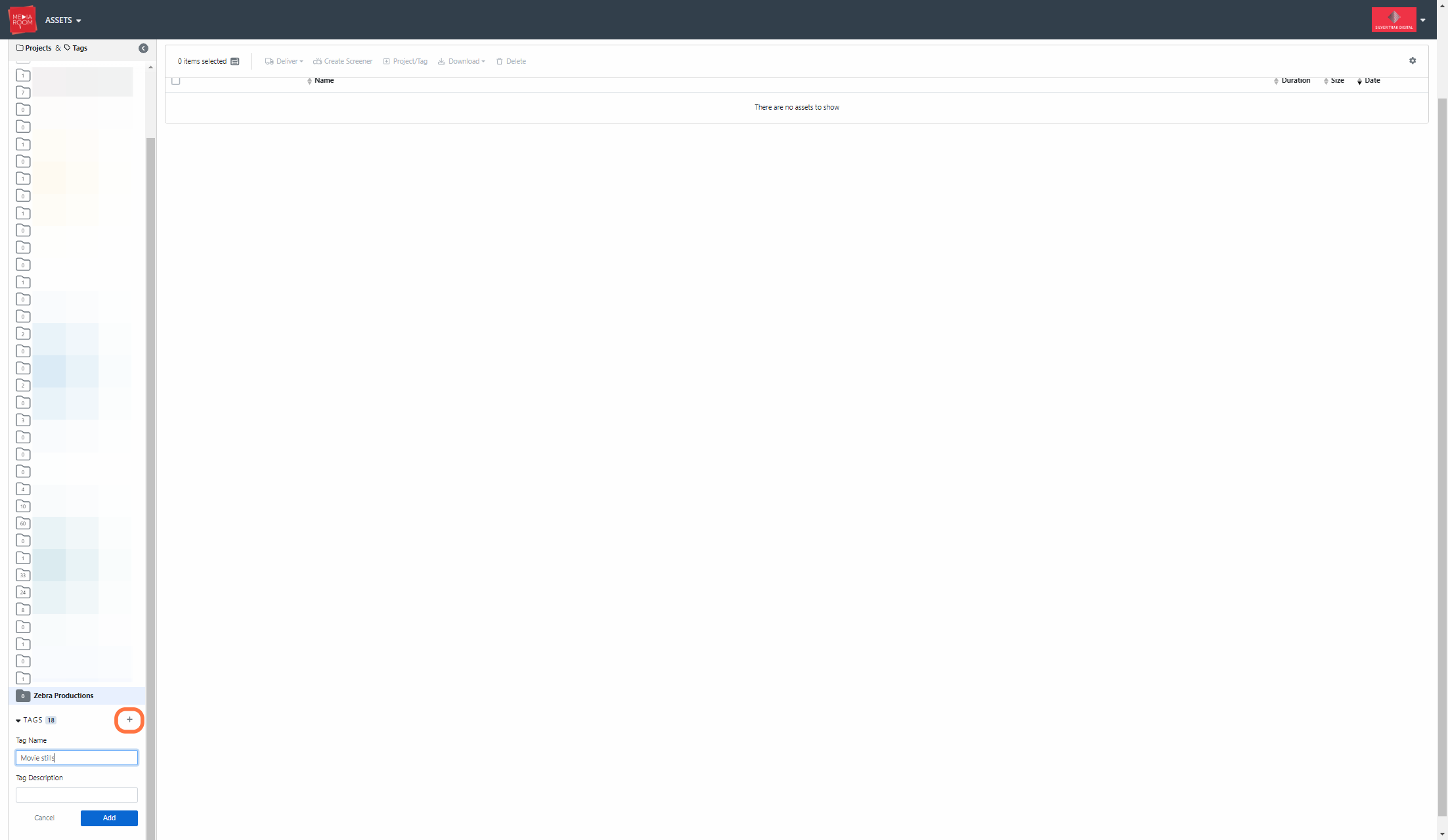 Asset tags are located underneath your projects. Simply click the “+” button to create a new tag