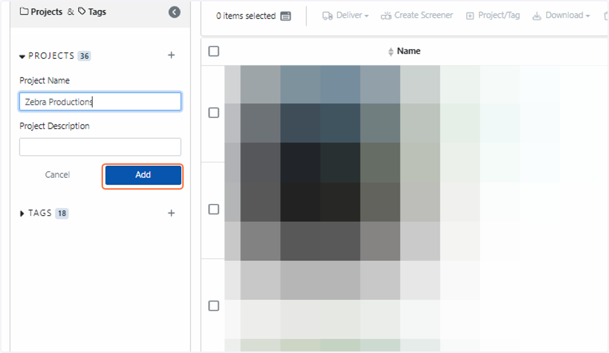 Type in the name of your project and click on Add