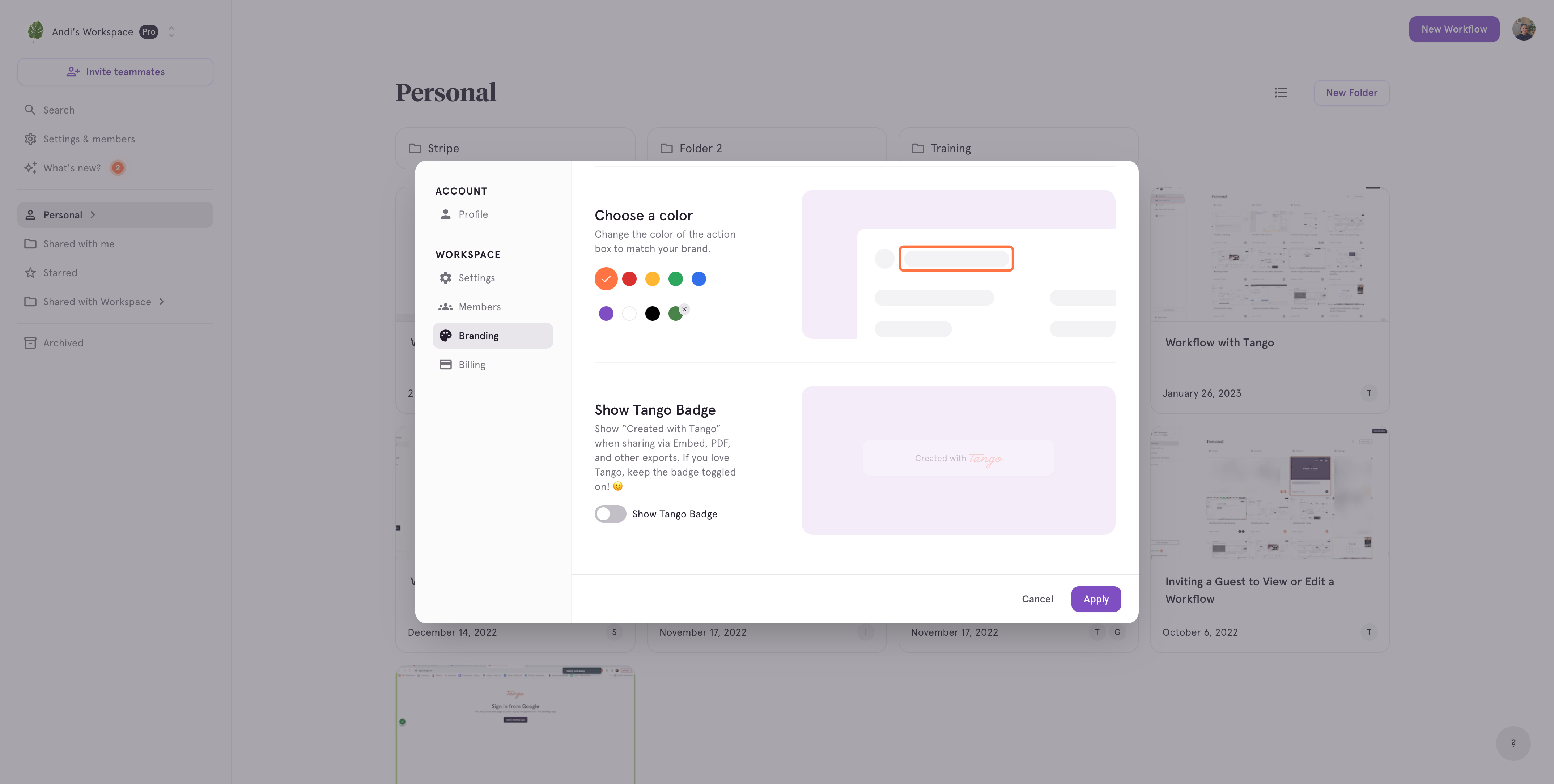You can choose whether to show the Tango badge in your workflows